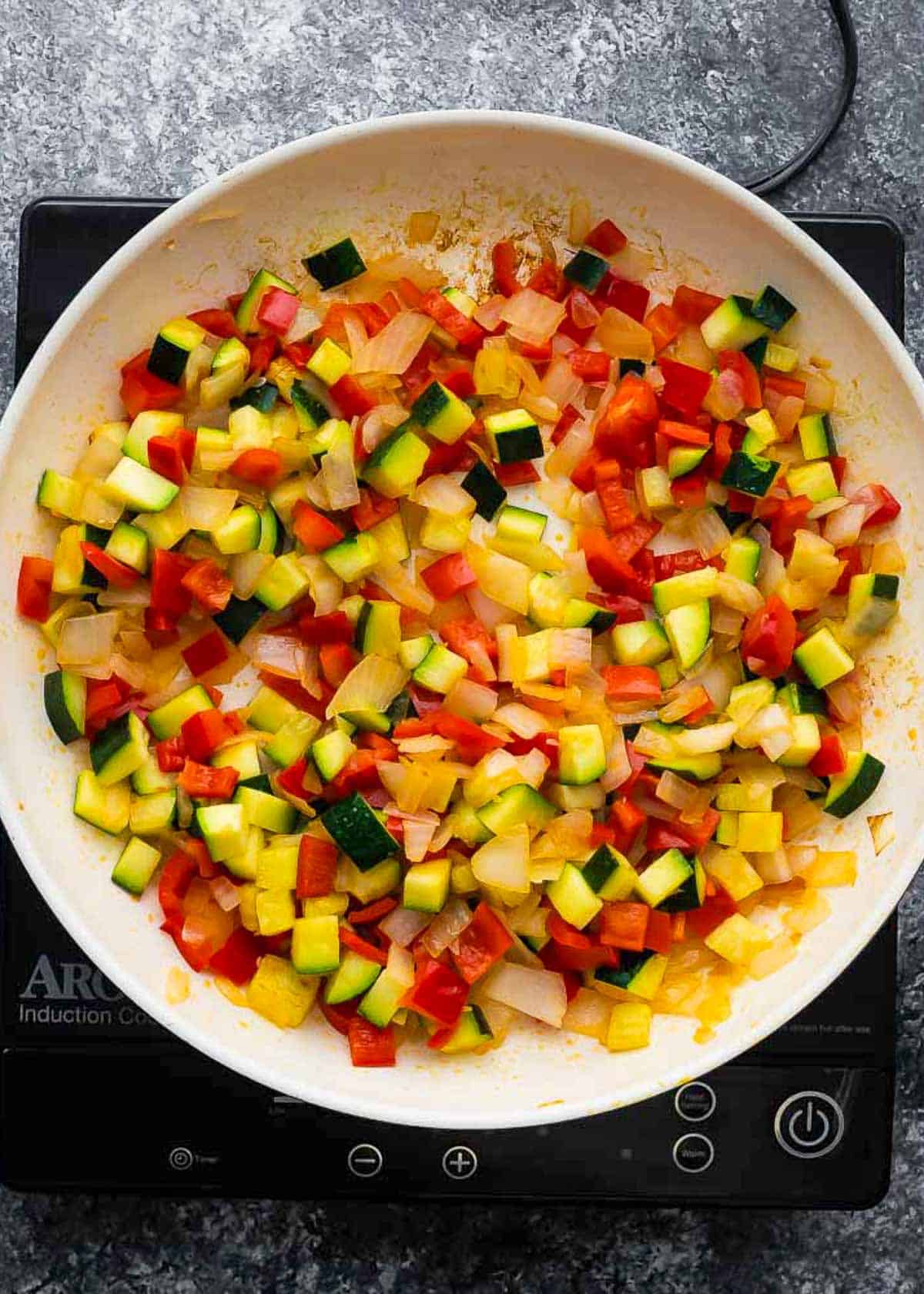 vegetables in a large skillet that have been cooked until tender