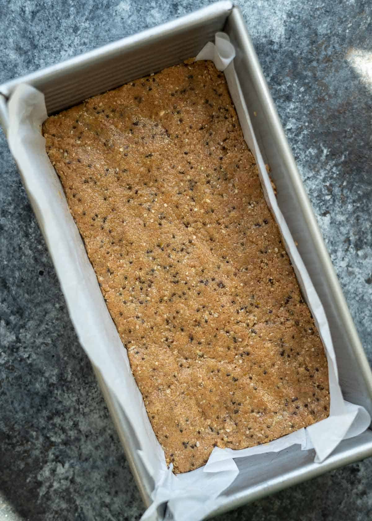 overhead shot of protein bar in a pan