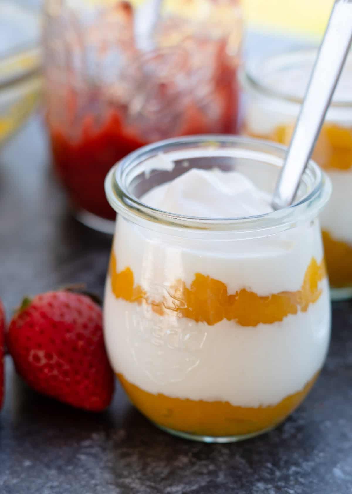 high-protein yogurt parfait with creamy mango layers