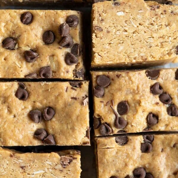 A close up of a batch of chocolate chip cookie bars.