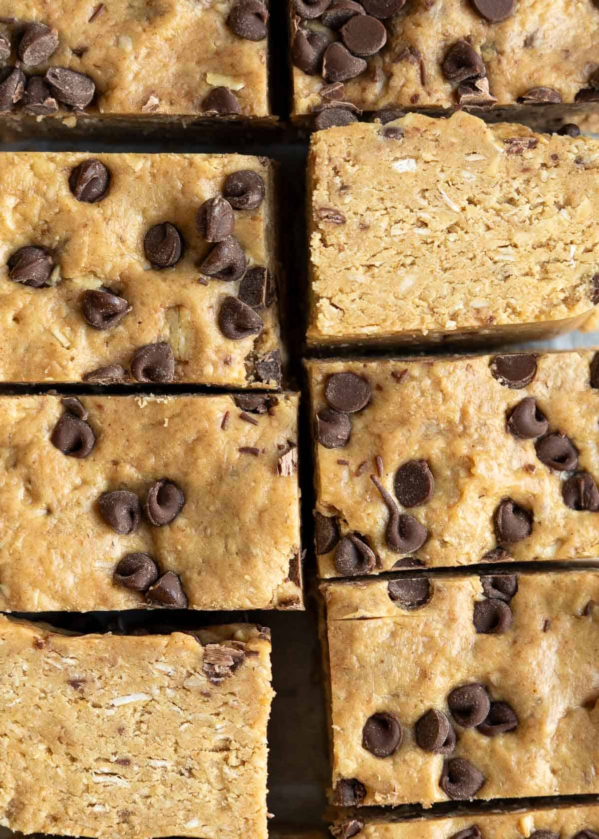 A close up of a batch of chocolate chip cookie bars.