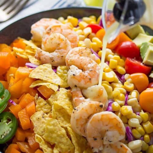 Shrimp and corn salad in a bowl.