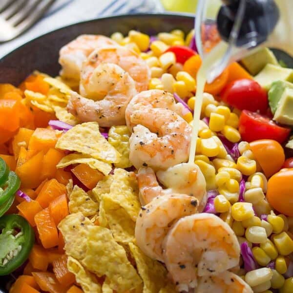 Shrimp and corn salad in a bowl.