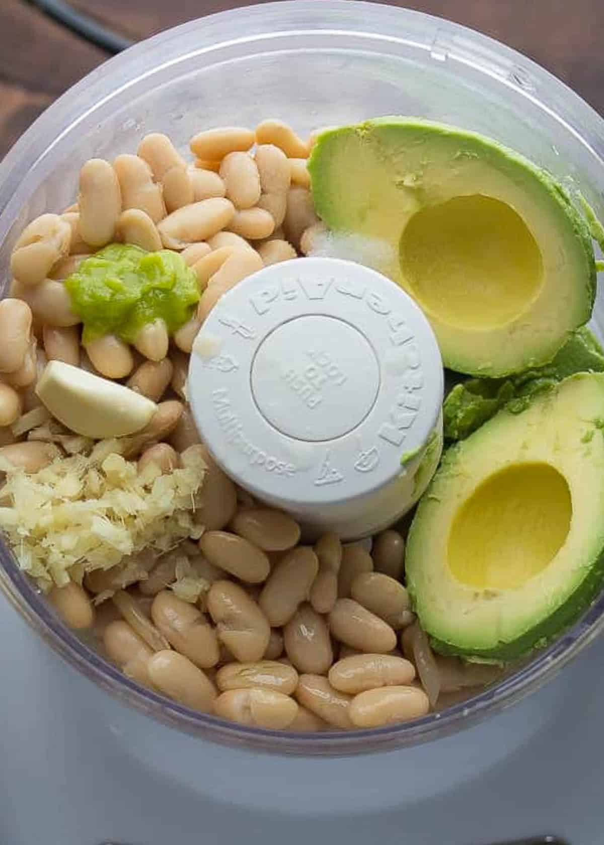 avocado, white beans, ginger, wasabi, and garlic in a food processor