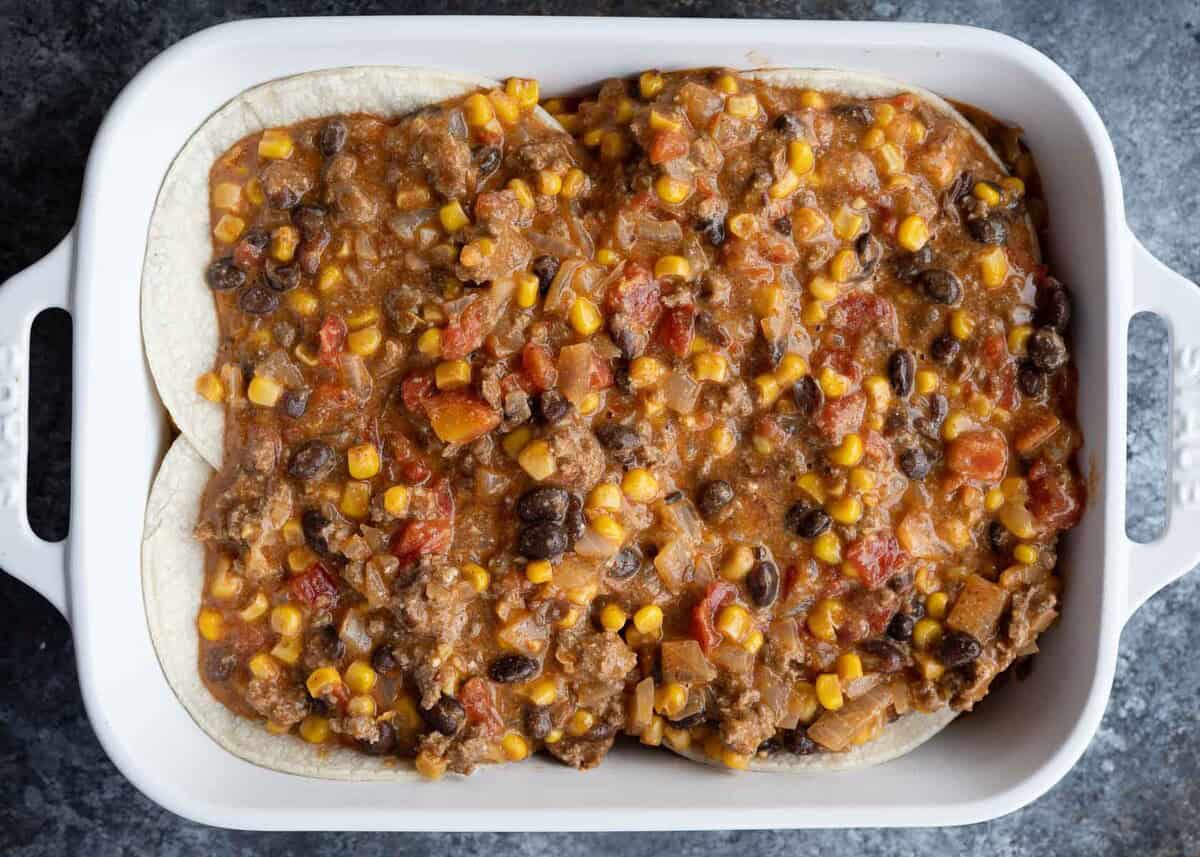 taco casserole in a casserole dish
