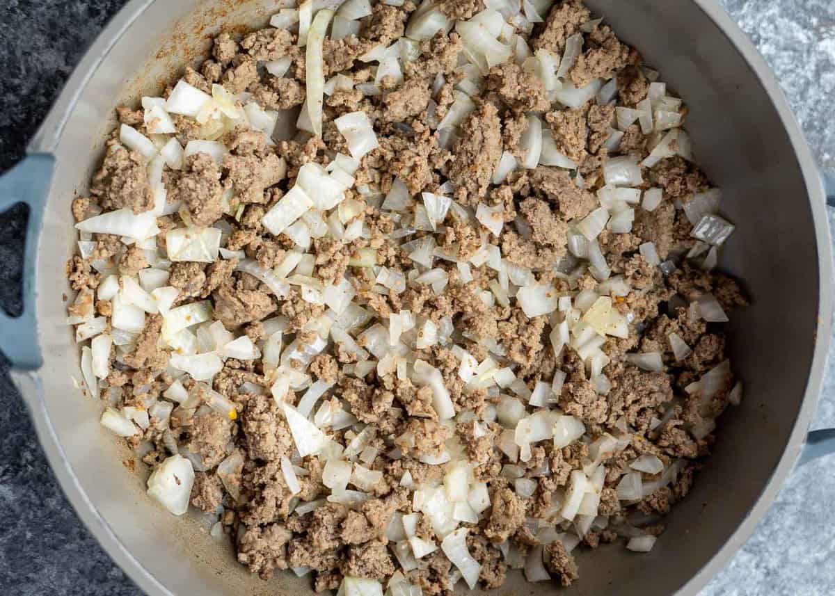 ground beef and onion in a skillet