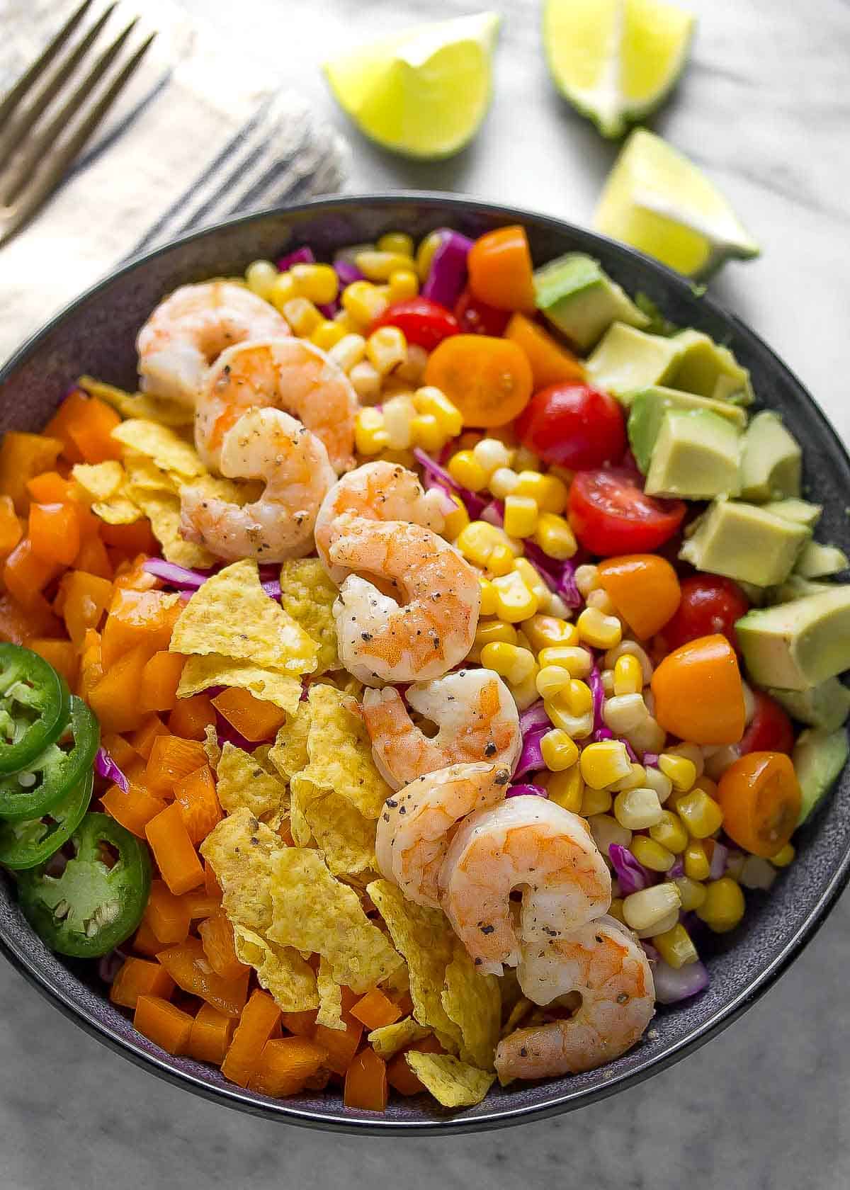 overhead shot of taco salad with shrimp