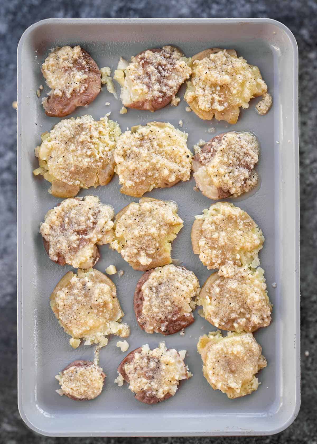 smashed potatoes covered in garlic butter