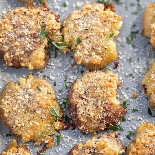 overhead shot of crispy smashed potatoes