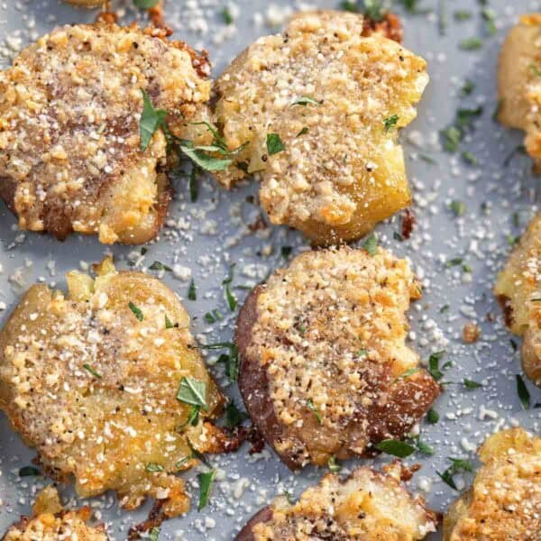 overhead shot of crispy smashed potatoes