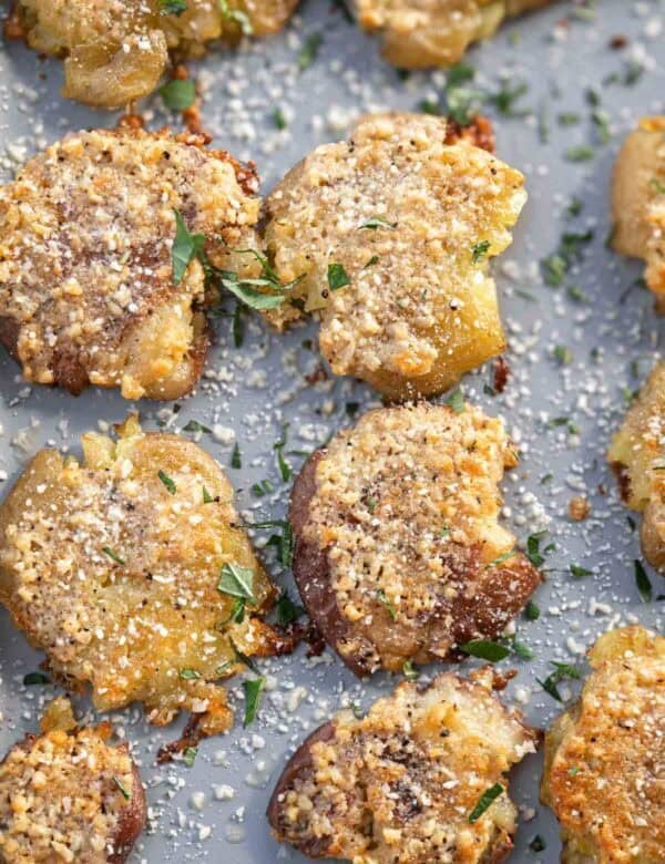 overhead shot of crispy smashed potatoes