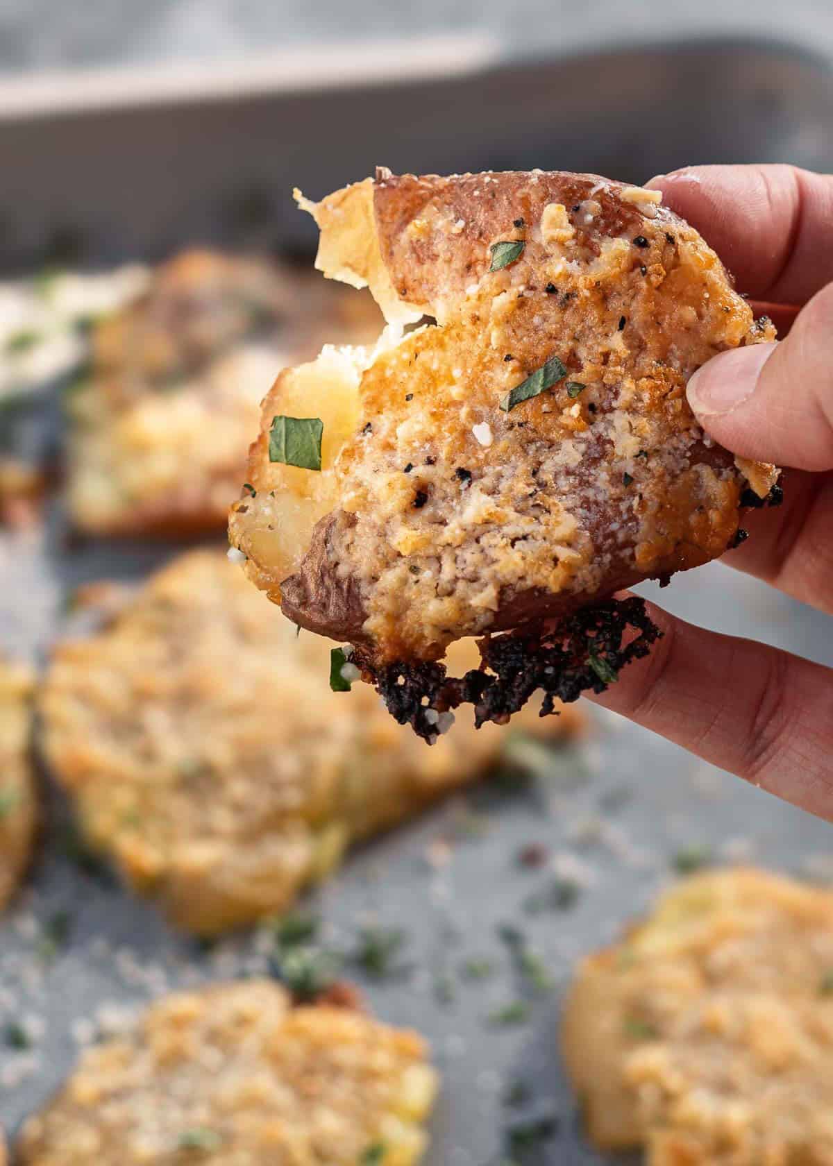 close up shot of smashed potatoes