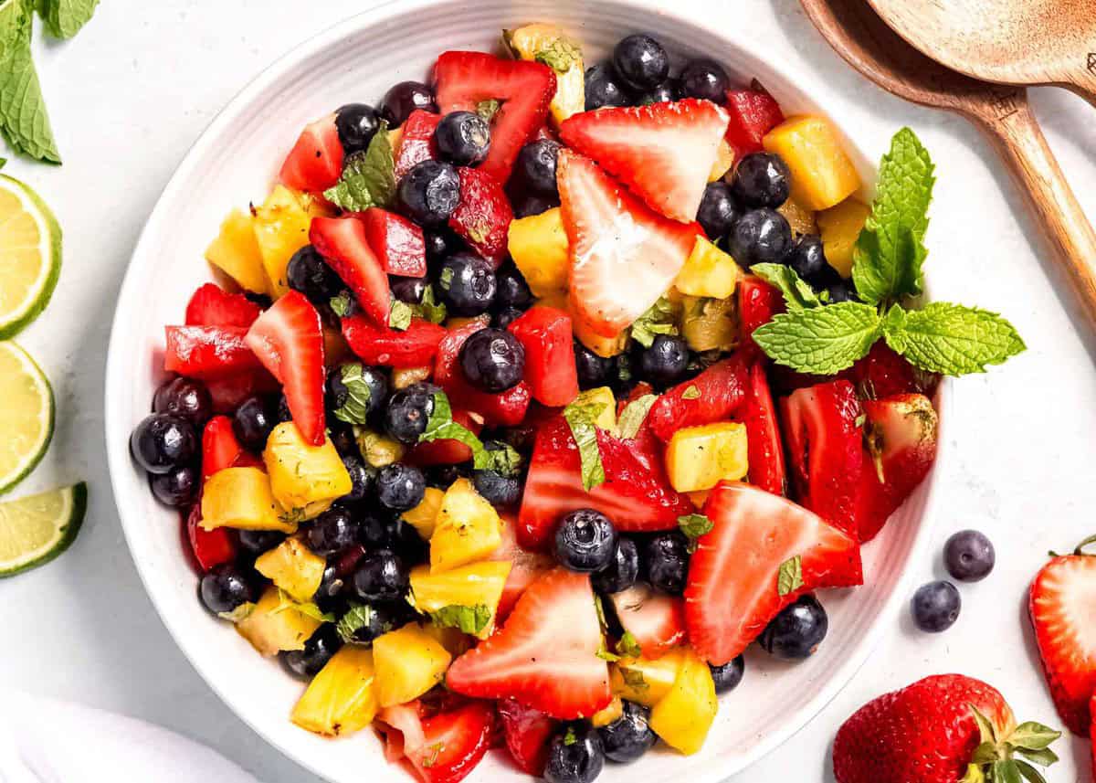 overhead shot of grilled fruit salad
