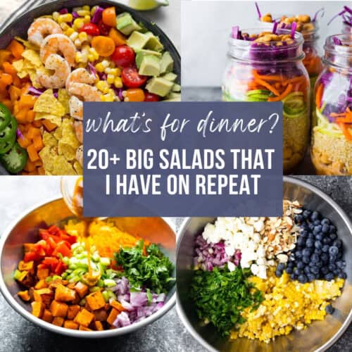 a collage image of big salad recipes