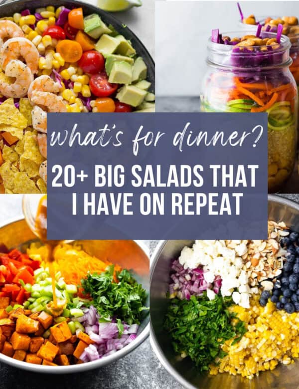 a collage image of big salad recipes