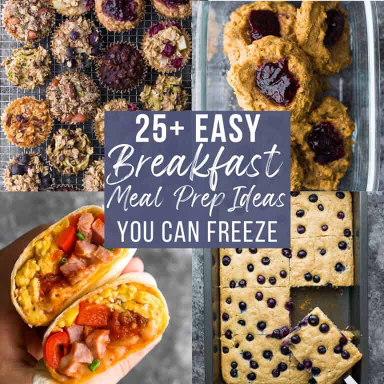 text overlay: 15+ Easy Breakfast Meal Prep Ideas You Can Freeze. Background collage: top left - oatmeal muffins; top right - peanut butter jam breakfast cookies; bottom left - loaded breakfast burritos; bottom right - sheet pan pancakes