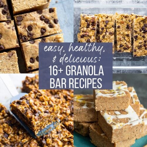 text overlay: "easy healthy delicious: 16 granola bar recipes" background collage: 4 different types of homemade granola bars