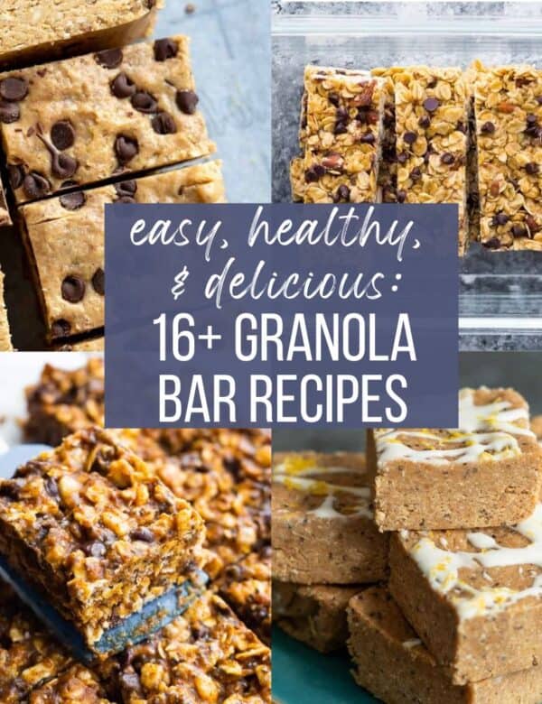 text overlay: "easy healthy delicious: 16 granola bar recipes" background collage: 4 different types of homemade granola bars