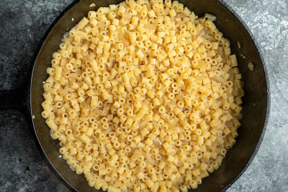 cooked pasta in a skillet