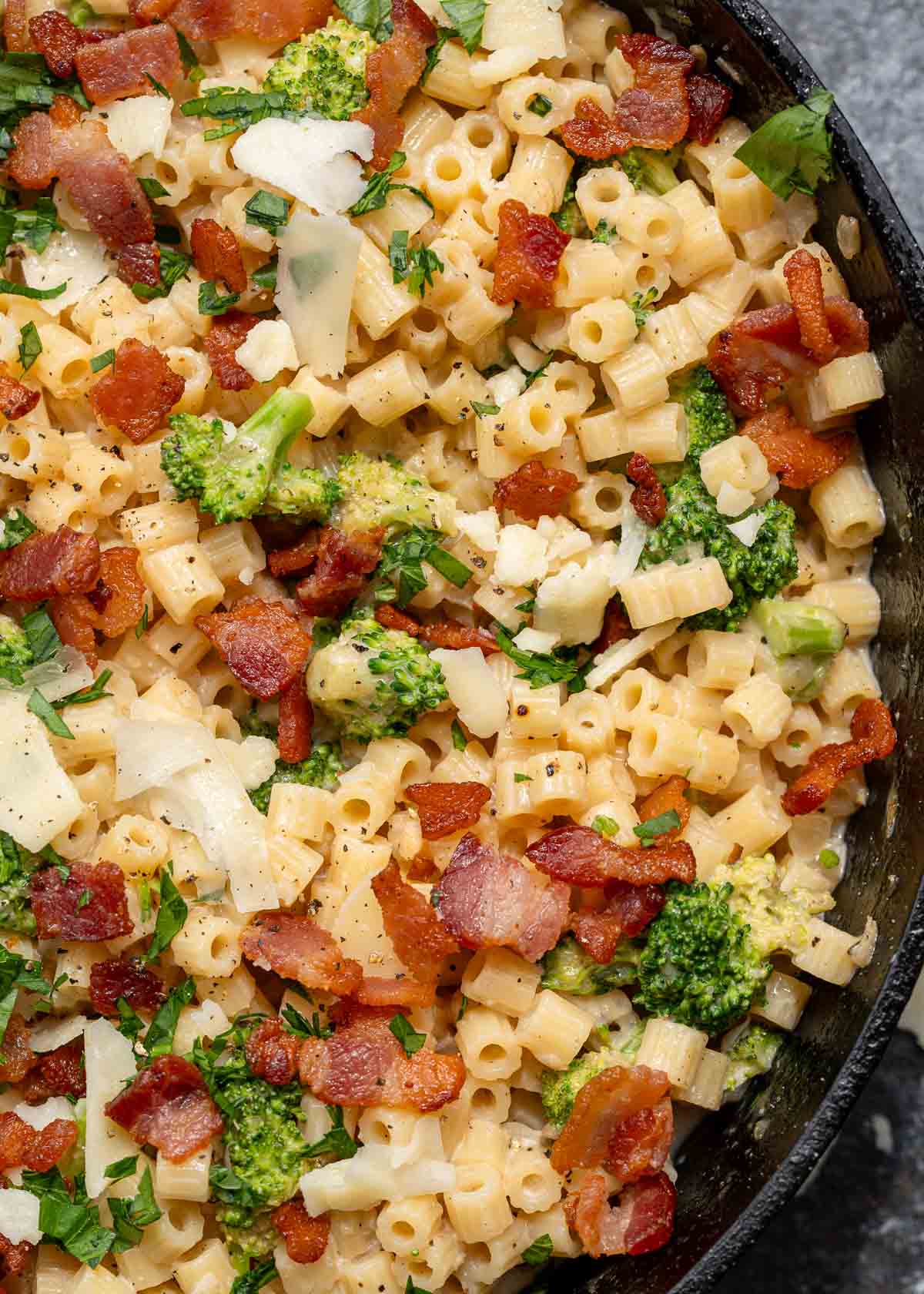 an overhead shot of ditalini pasta with broccoli, bacon and parmesan