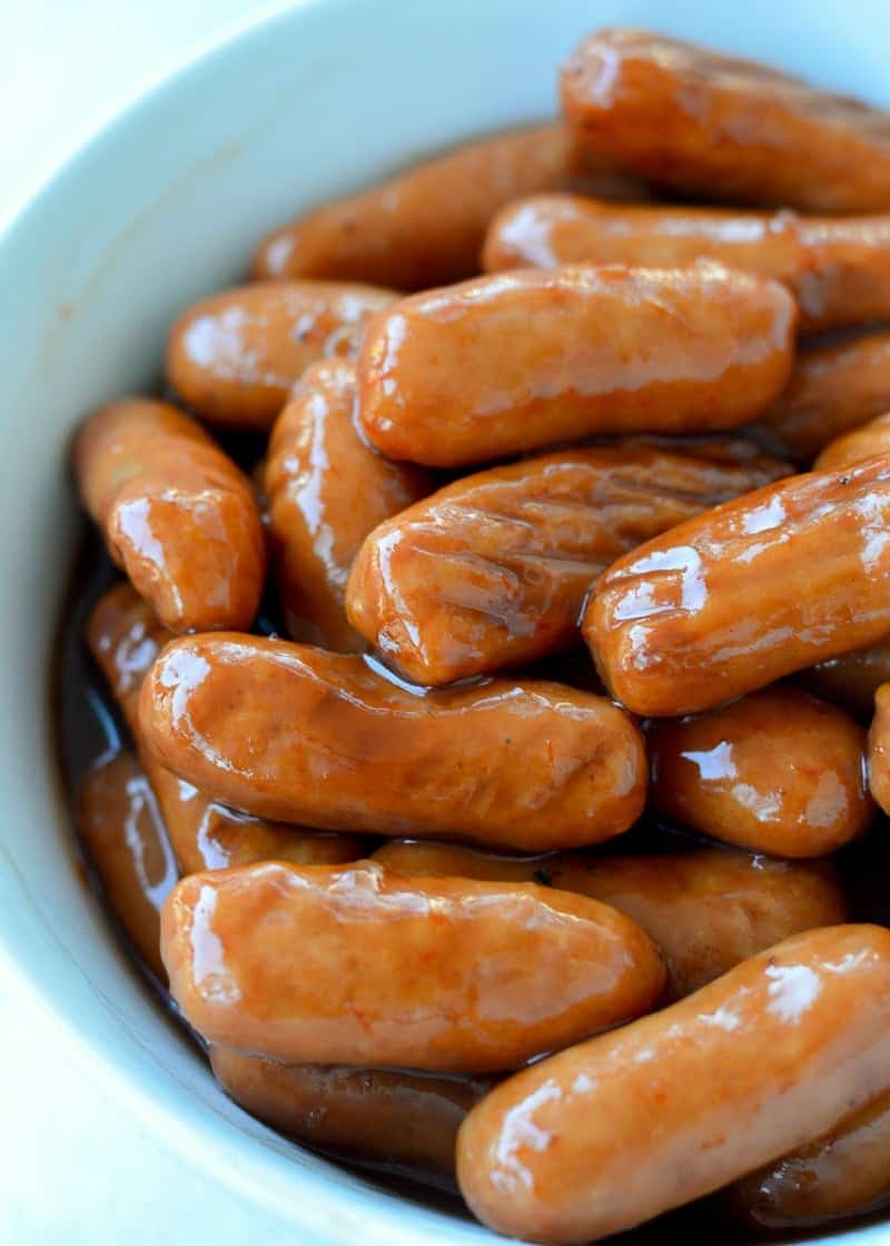 close up image of lil smokies in a white bowl