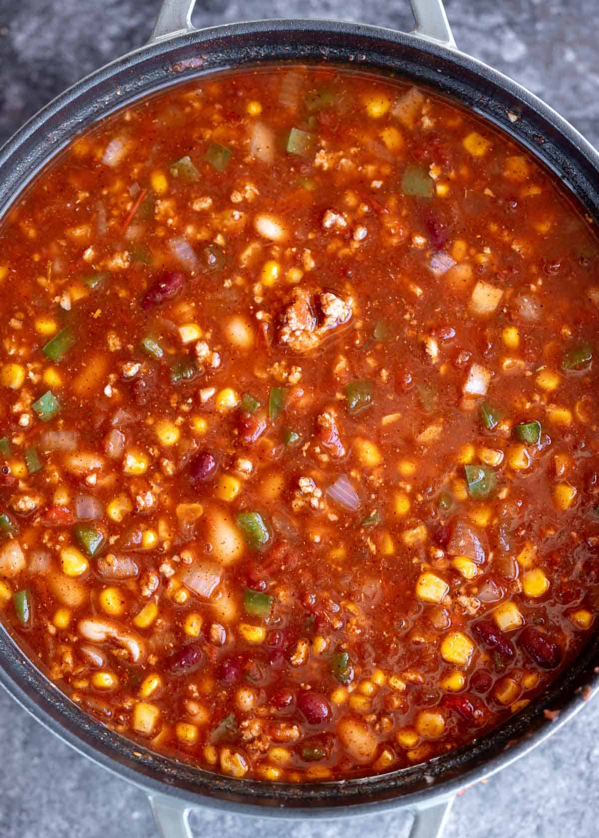 turkey chili in a dutch oven