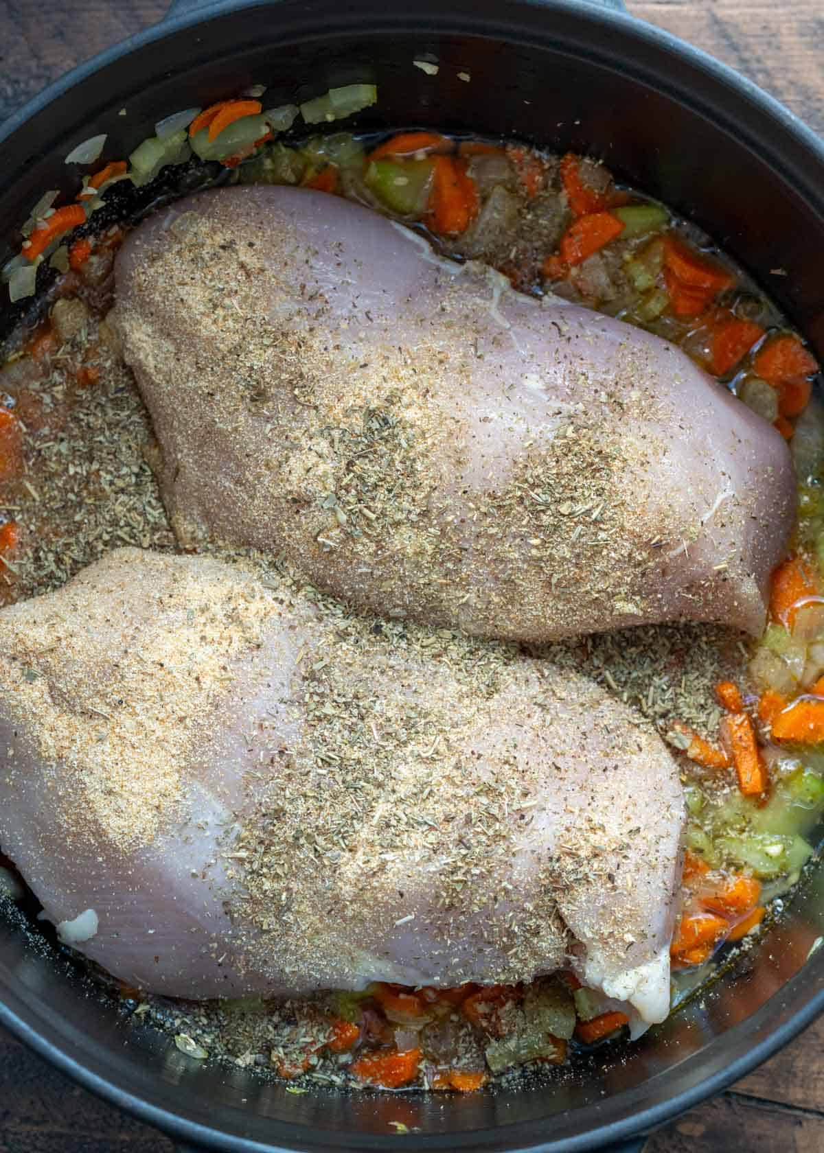 an overhead shot of the ingredients for chicken and rice soup