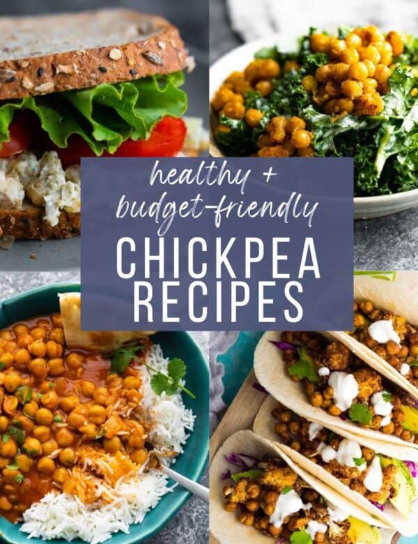 Text overlay: "healthy + budget-friendly chickpea recipes" with background collage (chickpea salad sandwich, chickpea kale salad, coconut chickpea curry, and crispy chickpea tacos)