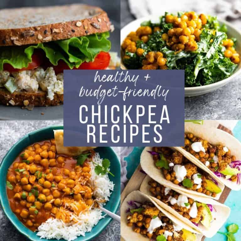 Text overlay: "healthy + budget-friendly chickpea recipes" with background collage (chickpea salad sandwich, chickpea kale salad, coconut chickpea curry, and crispy chickpea tacos)