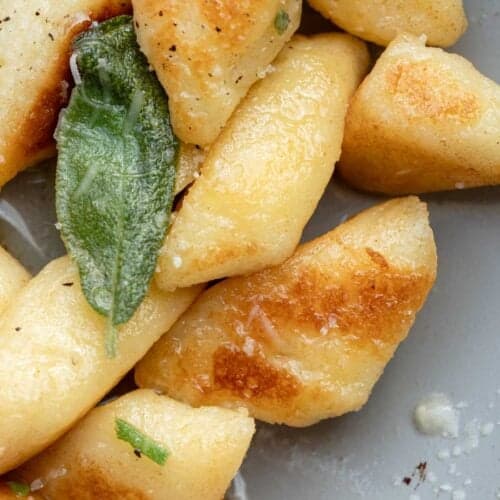 a close up of cottage cheese gnocchi with brown butter