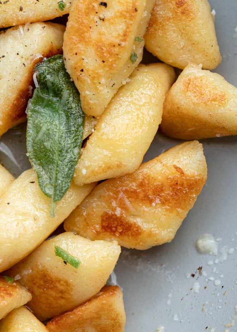 a close up of cottage cheese gnocchi with brown butter