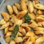 an overhead shot of cottage cheese gnocchi in a skillet with brown butter and sage