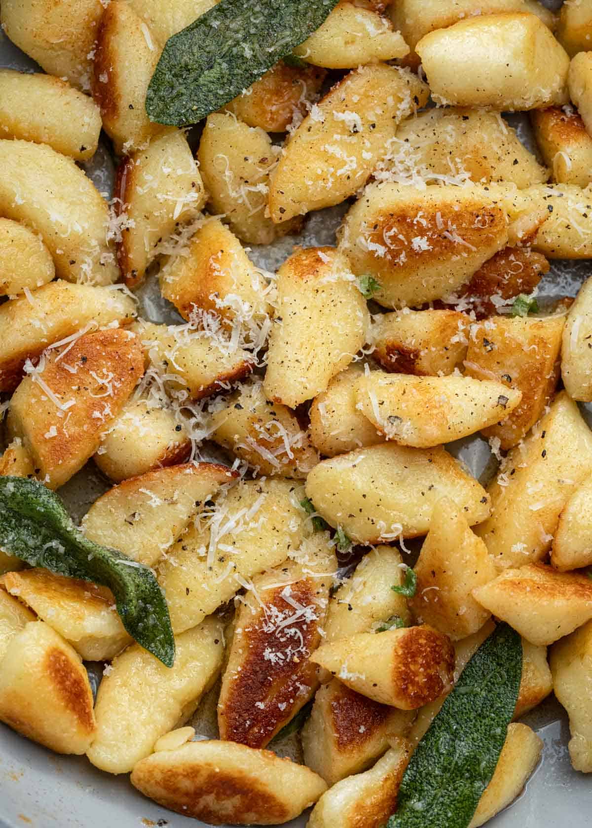 an overhead shot of cottage cheese gnocchi with parmesan, sage and brown butter