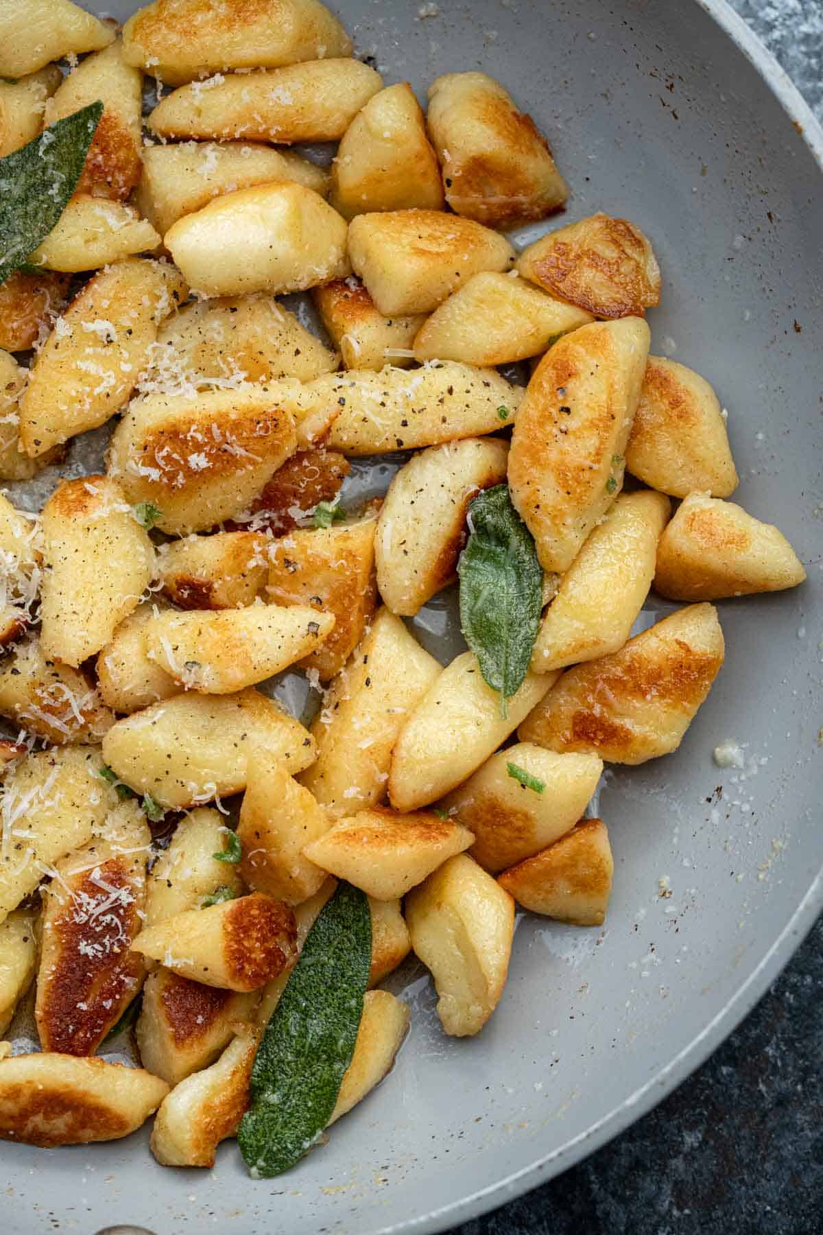 an overhead shot of cottage cheese gnocchi in a skillet