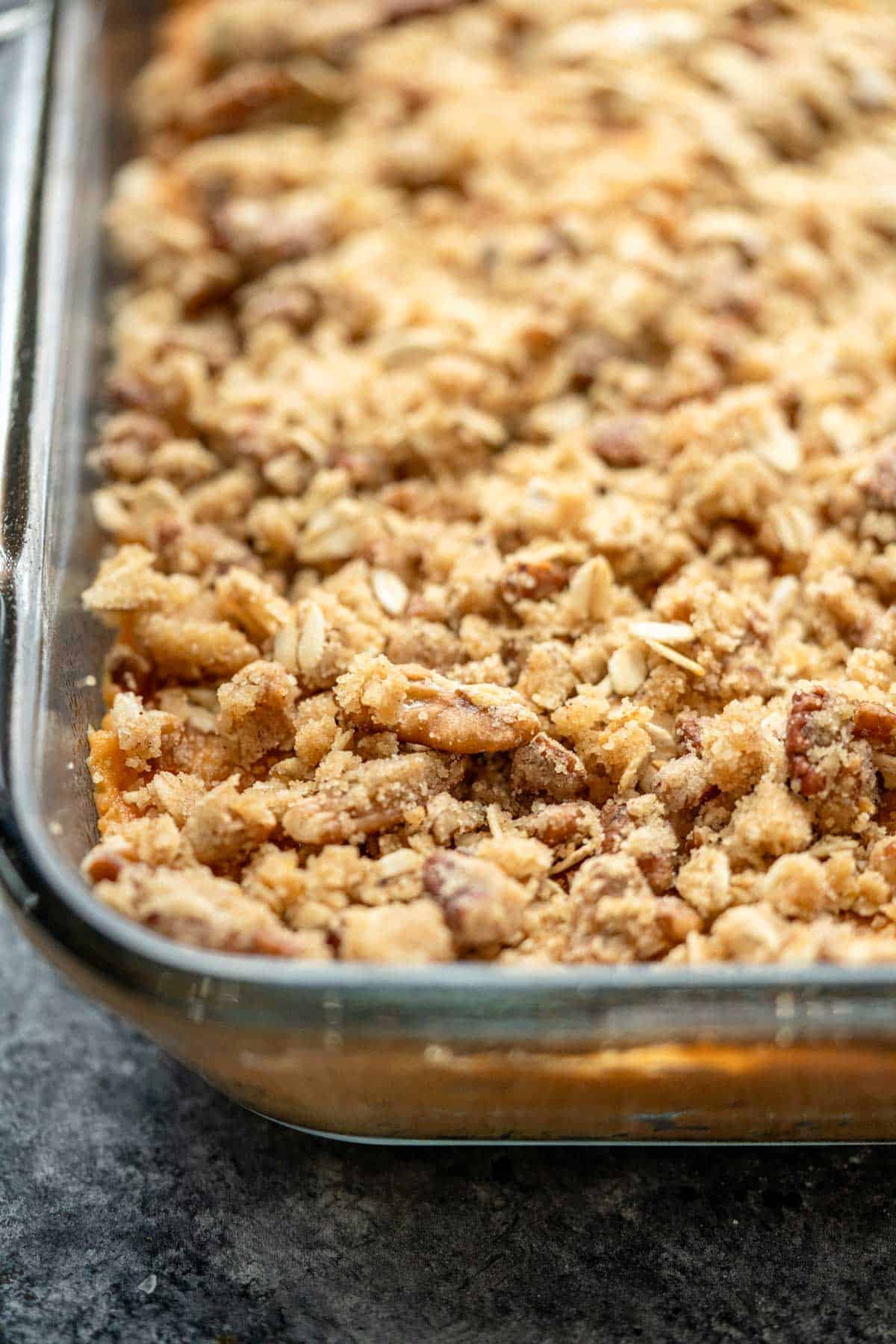 a closeup of sweet potato casserole that hasn't been baked