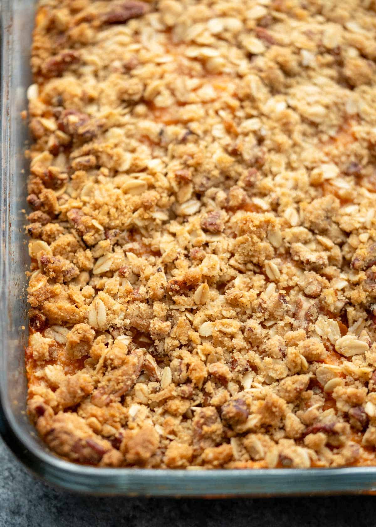 overhead shot of baked sweet potato casserole