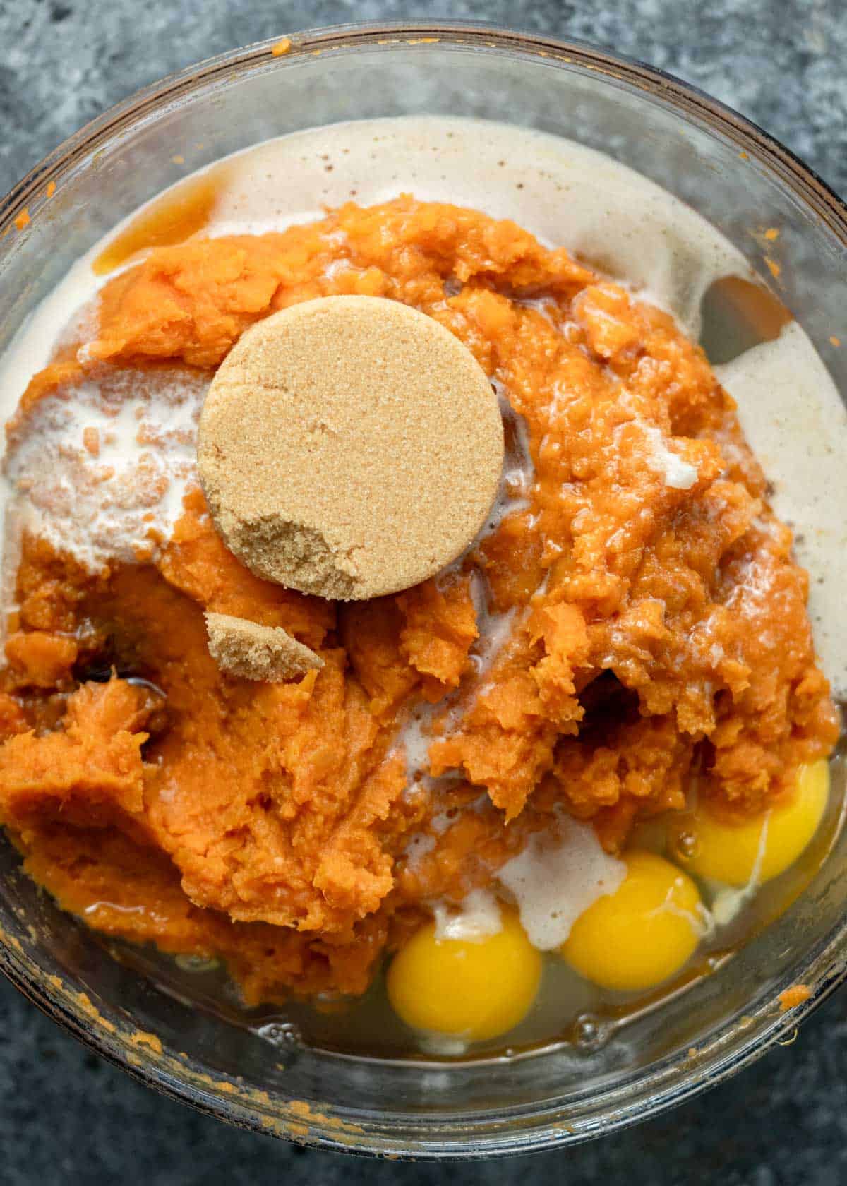 the filling for sweet potato casserole in a mixing bowl