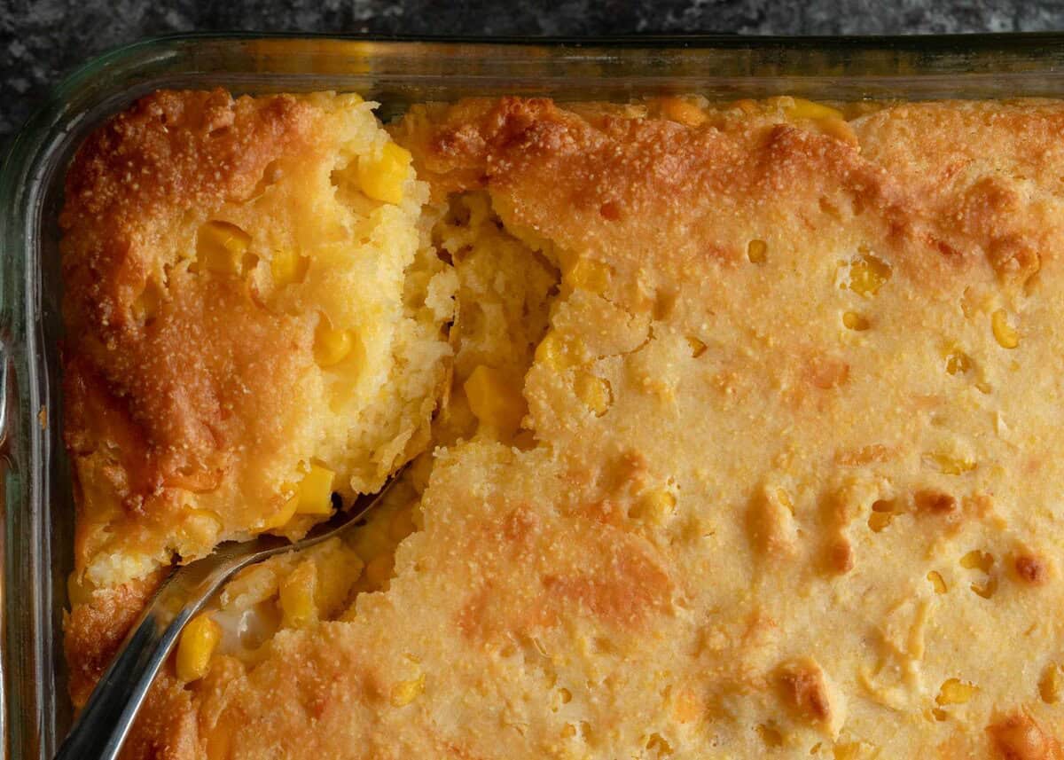 corn casserole with a spoon