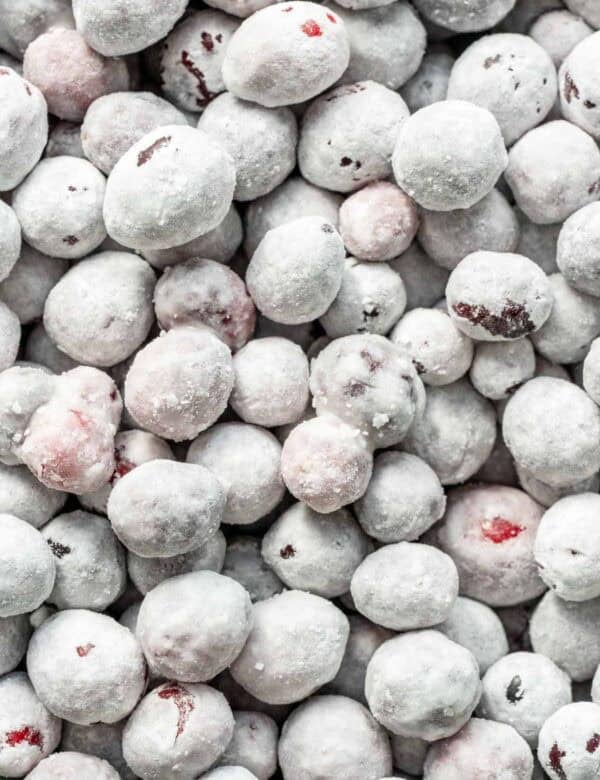 a very closeup shot of candied cranberries