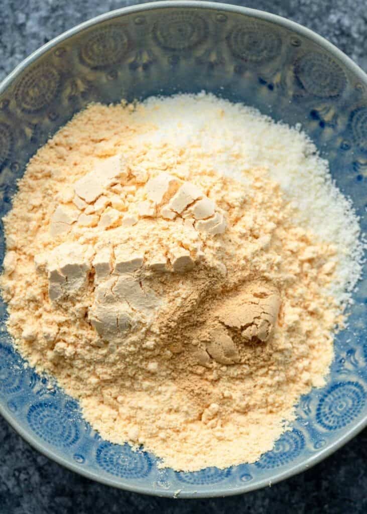 a blue bowl with the breading for squash