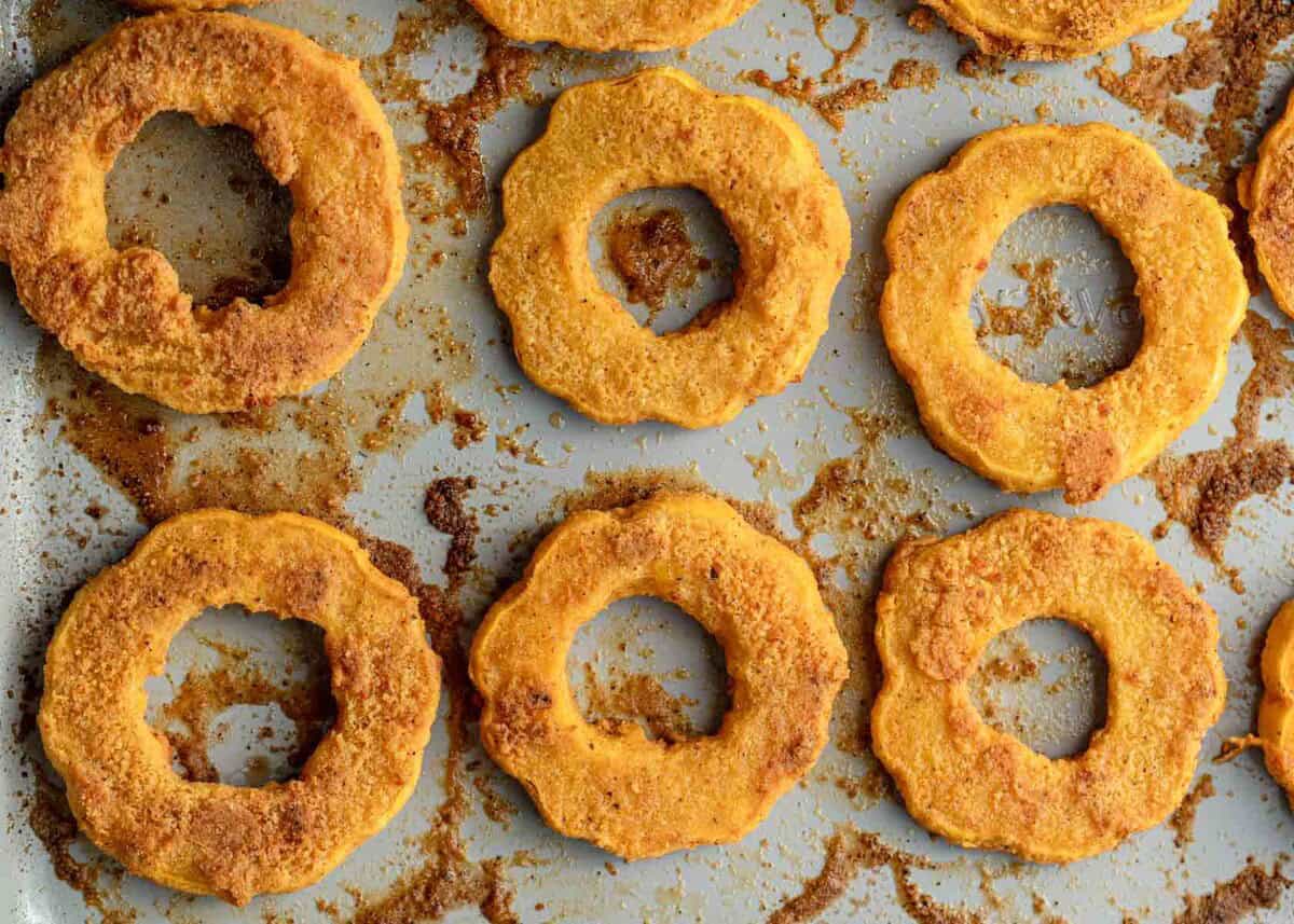 cooked breaded squash on a baking sheet