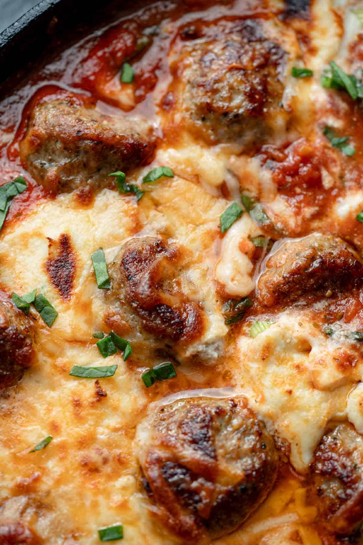 gooey melted cheese over the juicy meatball skillet