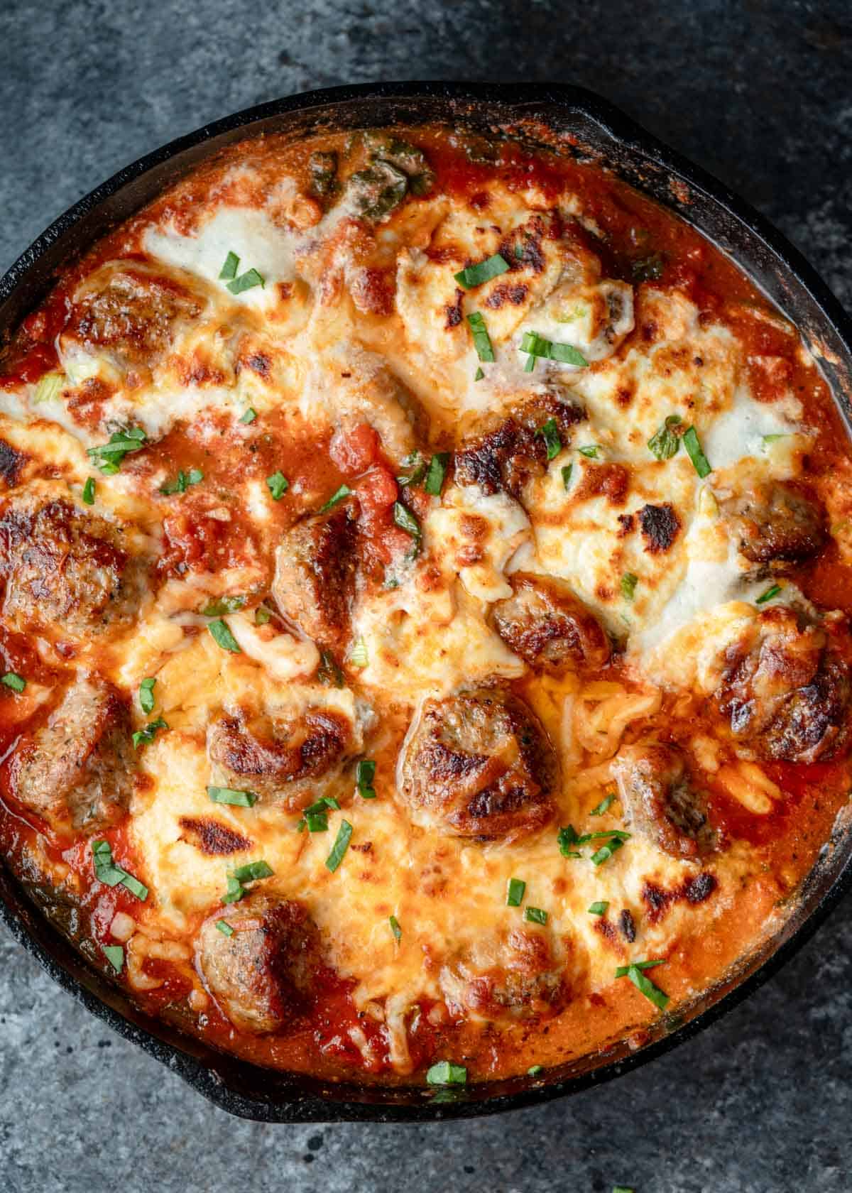 cooked meatball bake in a skillet