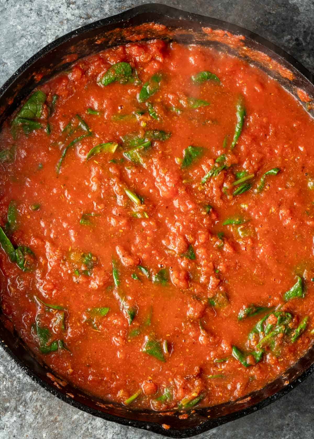 a seasoned tomato sauce in a skillet, topped with herbs
