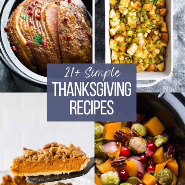 an image that contains multiple thanksgiving dishes like crockpot ham, dressing, and pumpkin pie