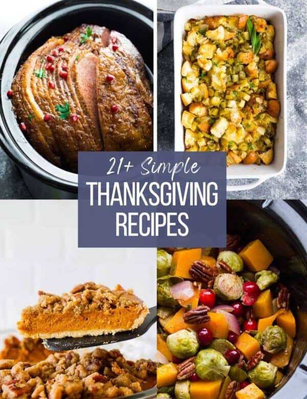 an image that contains multiple thanksgiving dishes like crockpot ham, dressing, and pumpkin pie