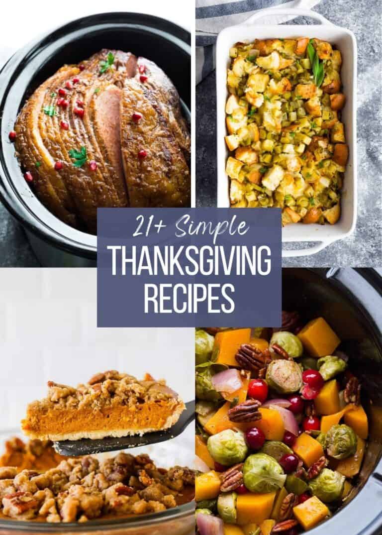 an image that contains multiple thanksgiving dishes like crockpot ham, dressing, and pumpkin pie