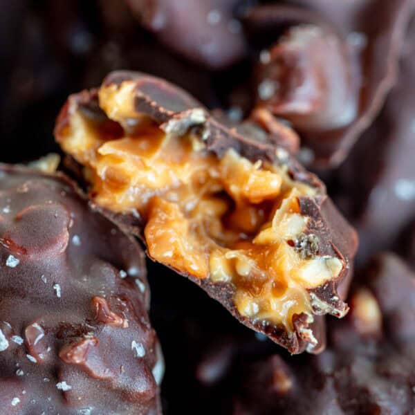 a closeup shot of caramel cashew clusters