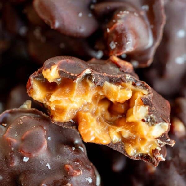 a closeup shot of caramel cashew clusters