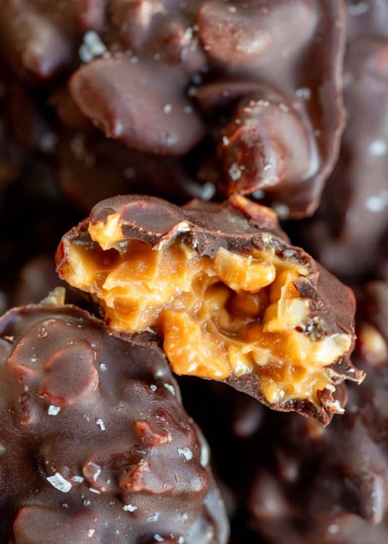 a closeup shot of caramel cashew clusters